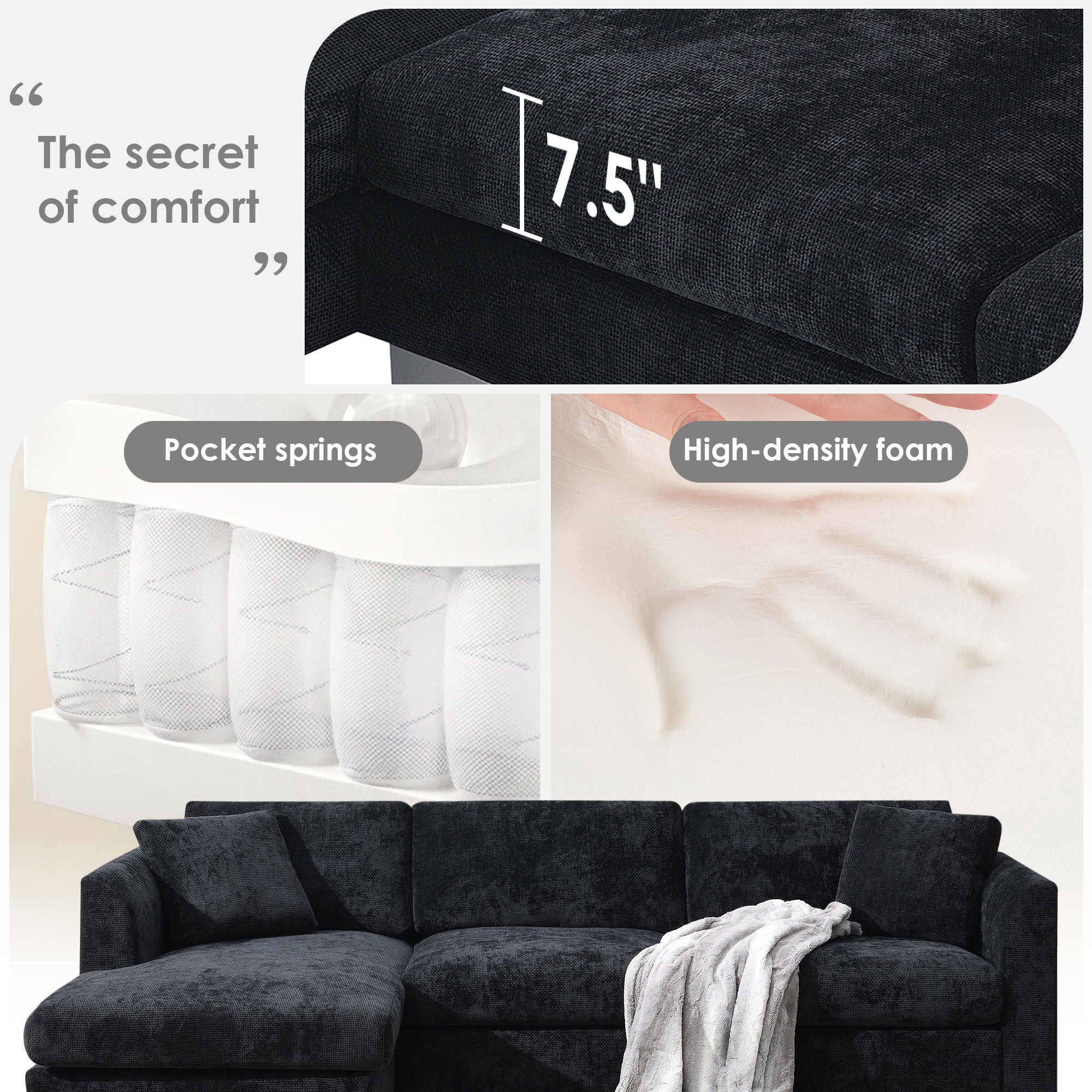 Modern Cloud Sectional Sofa L Shaped Luxury Couch Set With 2 Free Pillows 4 Seat With Oversized Chaise by Unique Piece Furniture