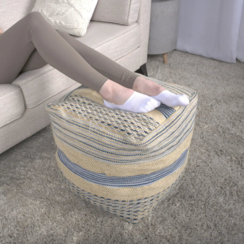 Western - Handcrafted Fabric Pouf, Durable - Natural / Blue by HouseOfZazla