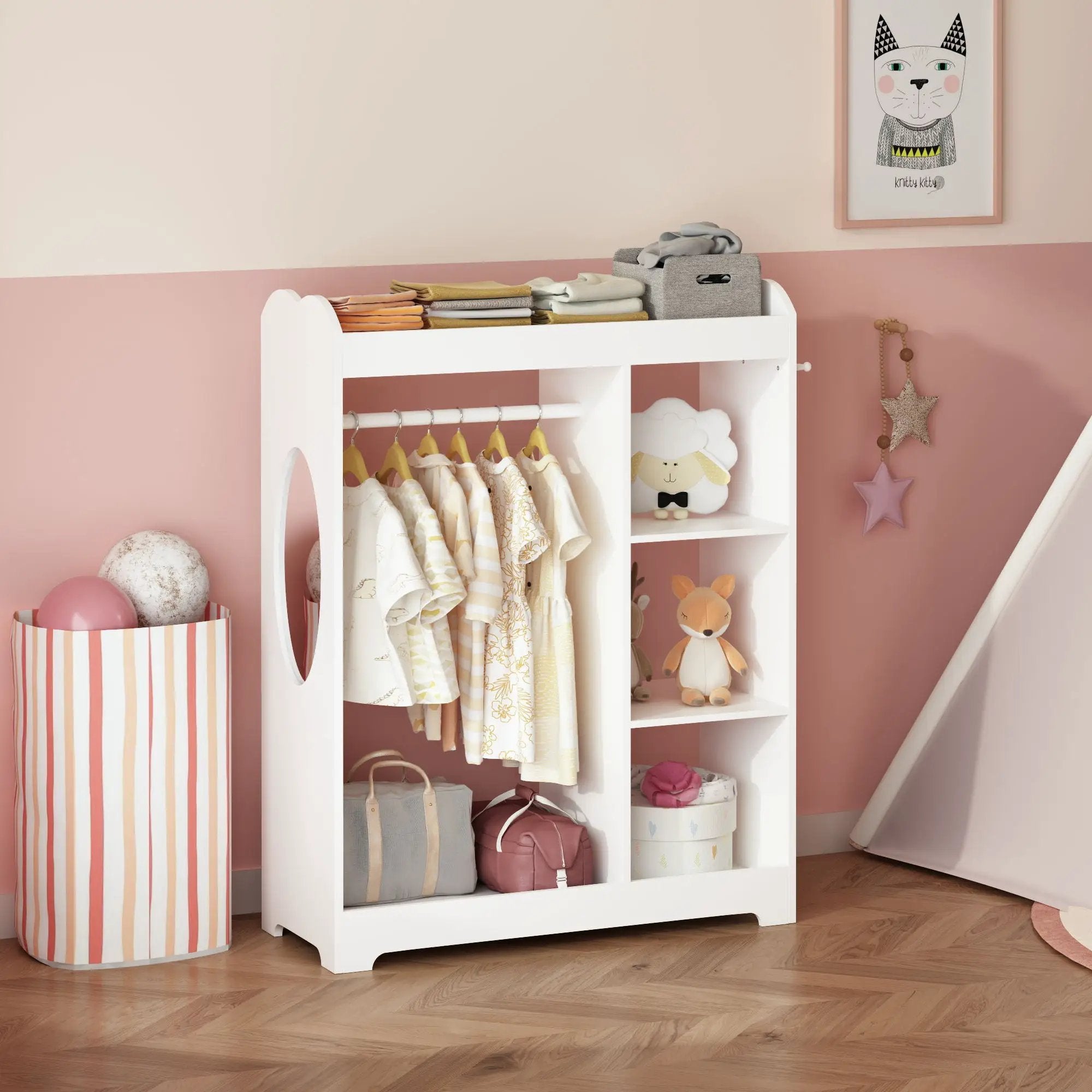 Dress Up Storage With Mirror And Hooks, Clothes Rack With Hanging Rod, 3 Side Hooks, Open Shelves, Top Shelf Organizer - White by Unique Piece Furniture
