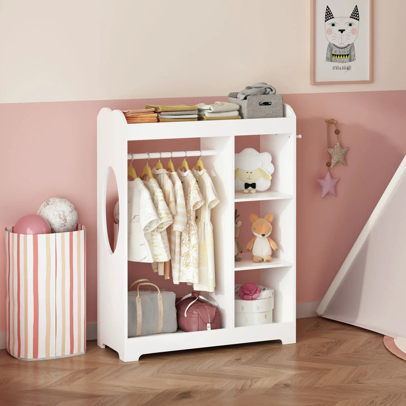 Dress Up Storage With Mirror And Hooks, Clothes Rack With Hanging Rod, 3 Side Hooks, Open Shelves, Top Shelf Organizer - White by Unique Piece Furniture