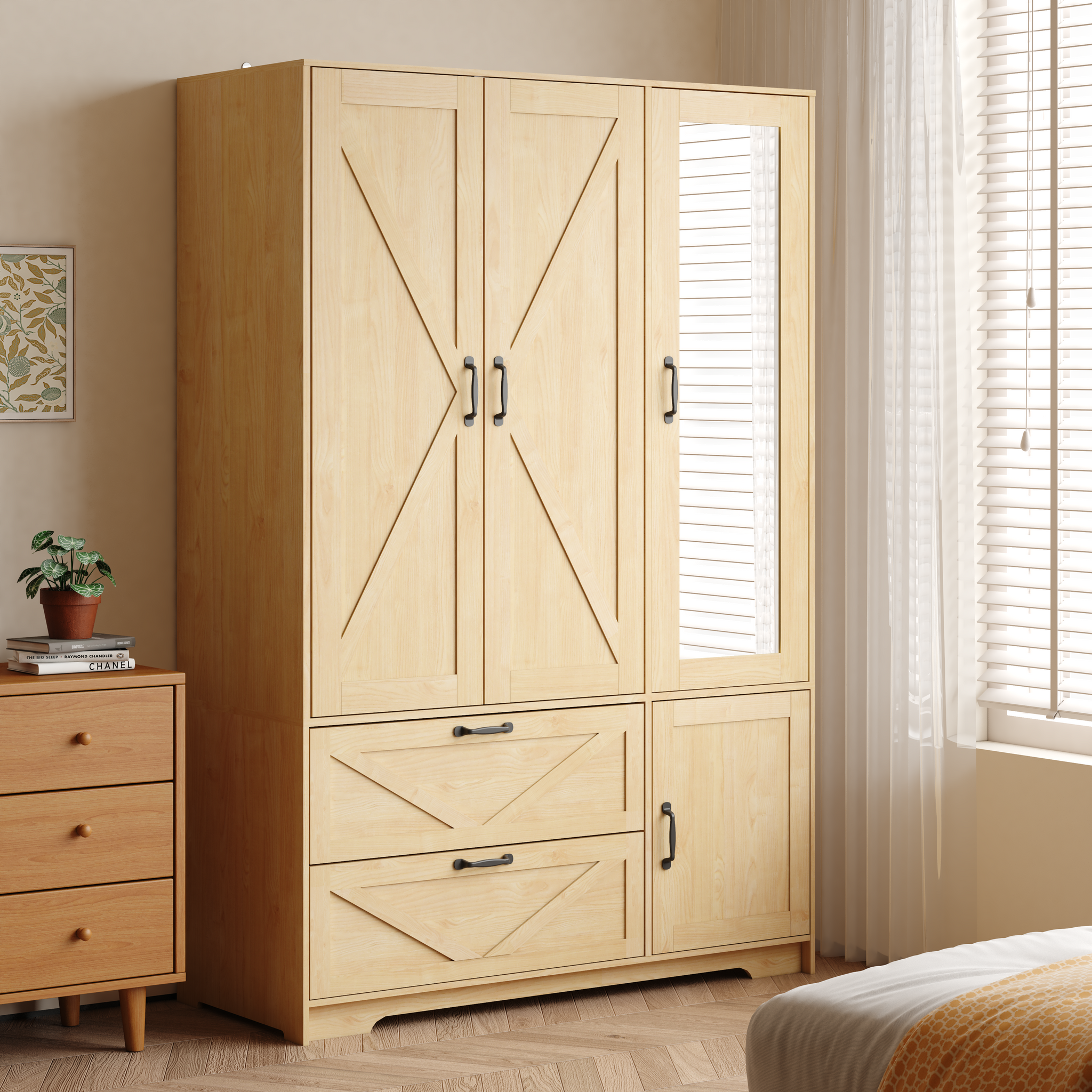 4 Doors Wardrobe Closet with Mirror, LED Lighting & Storage by HouseOfZazla