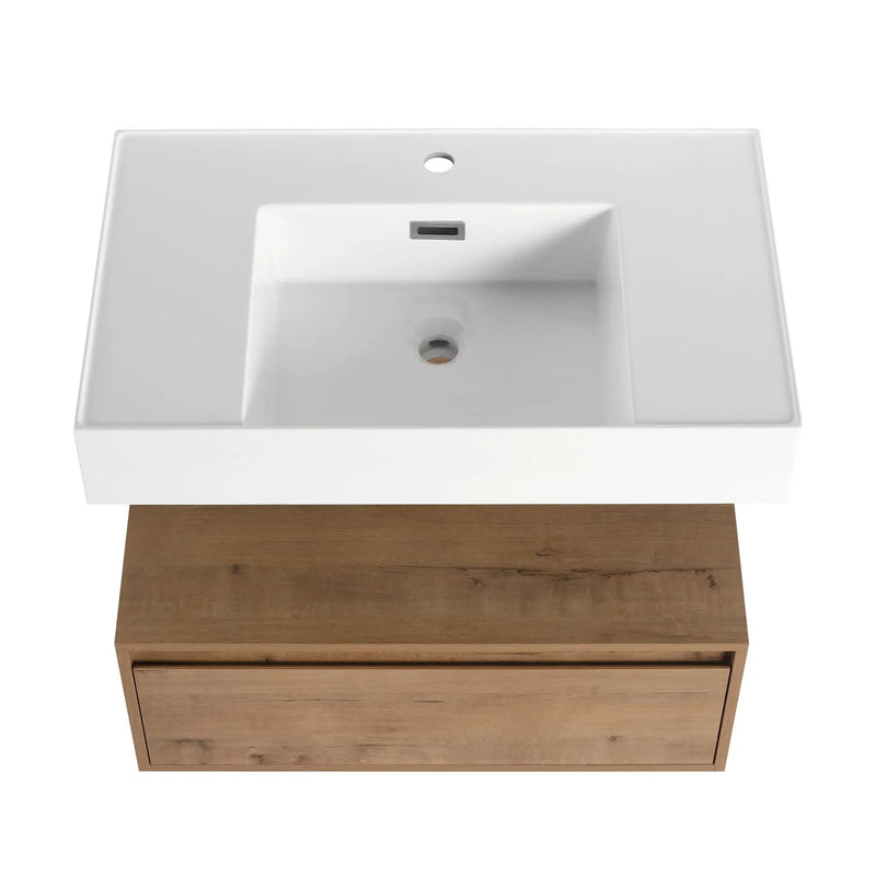 Modern Imitative Wall Mounted Bathroom Vanity With Resin Sink & 2 Side Cabinet, Soft Close Drawer - Imitative Oak by HouseOfZazla