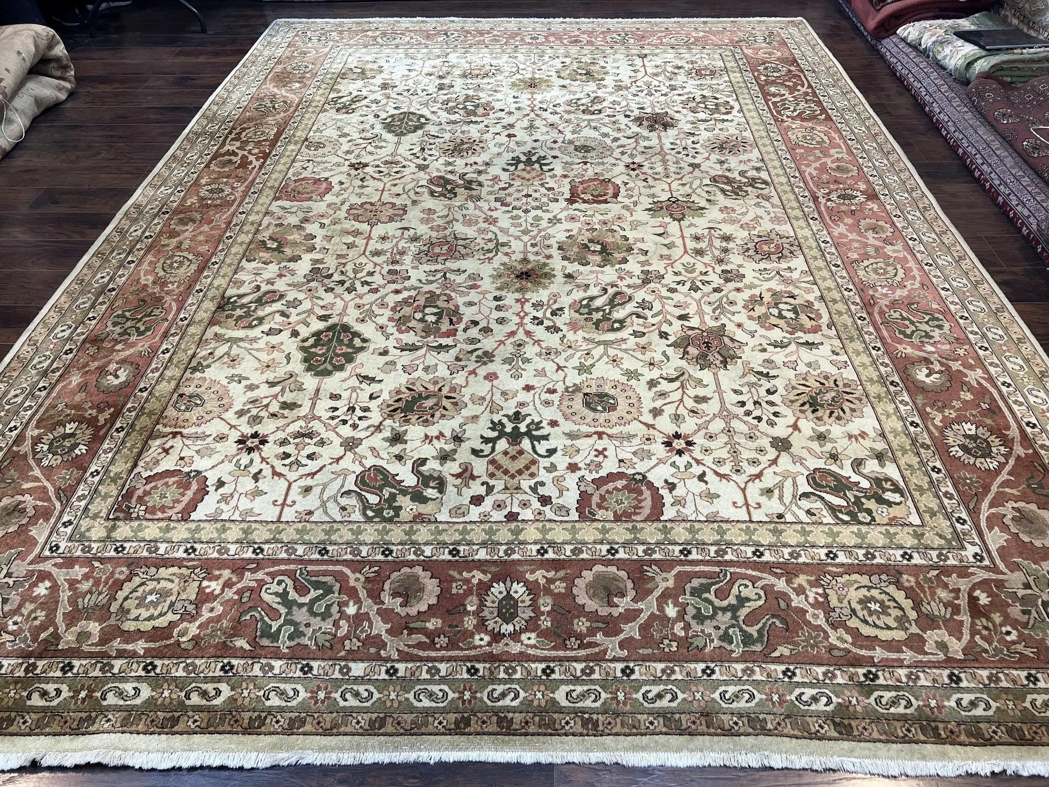 Large Indian Rug 10x14, Hand Knotted Indo Persian Gandehar Oriental Carpet, Vintage Wool Rug 10 x 14 ft Cream Red Floral Allover Traditional by Jewel Rugs