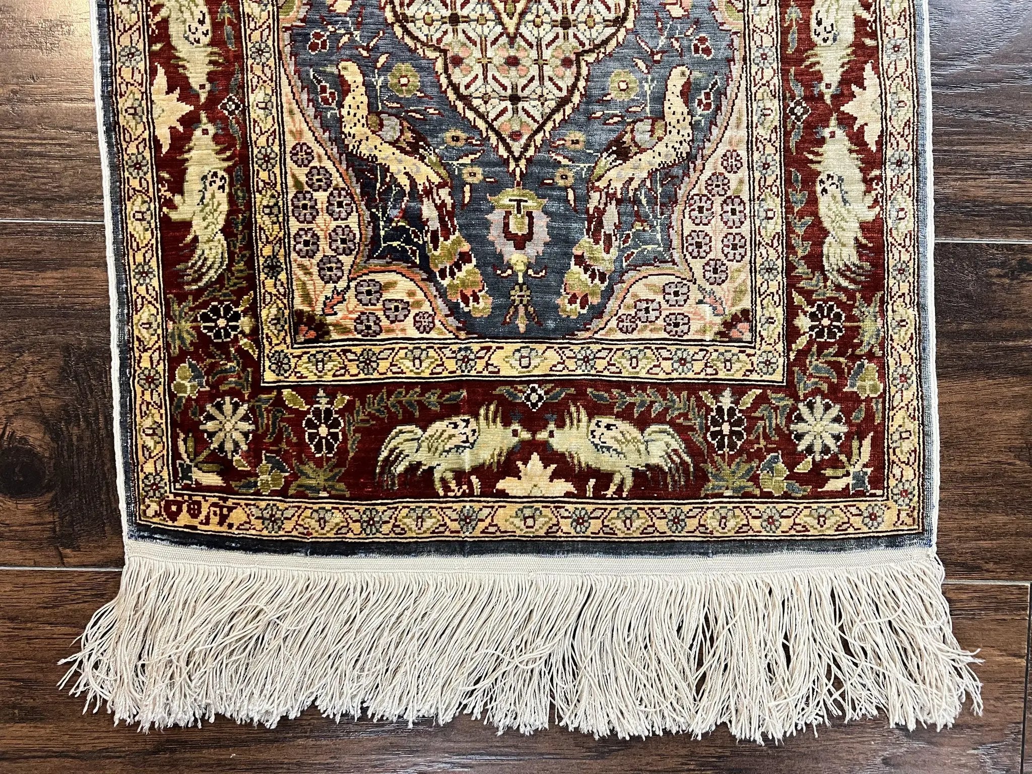 Silk Turkish Hereke Rug 2x3, Peacocks Birds, Signature from Master Weaver, Super Finely Hand Knotted 550 KPSI, Animal Pictorials by Jewel Rugs