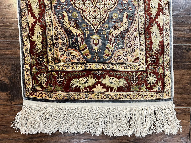 Silk Turkish Hereke Rug 2x3, Peacocks Birds, Signature from Master Weaver, Super Finely Hand Knotted 550 KPSI, Animal Pictorials by Jewel Rugs