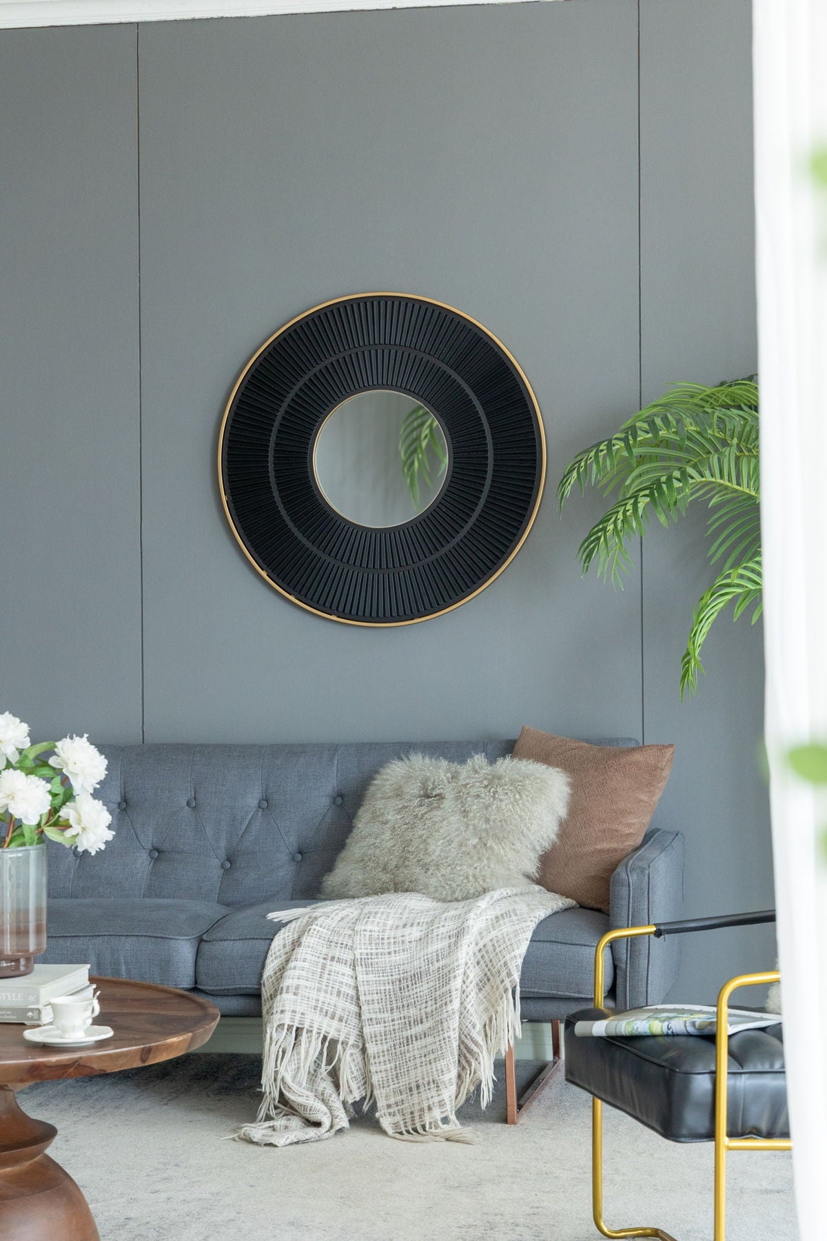 Round Wooden Wall Mirror with Iron Frame - Neutral Colorway, photo 6 of 21