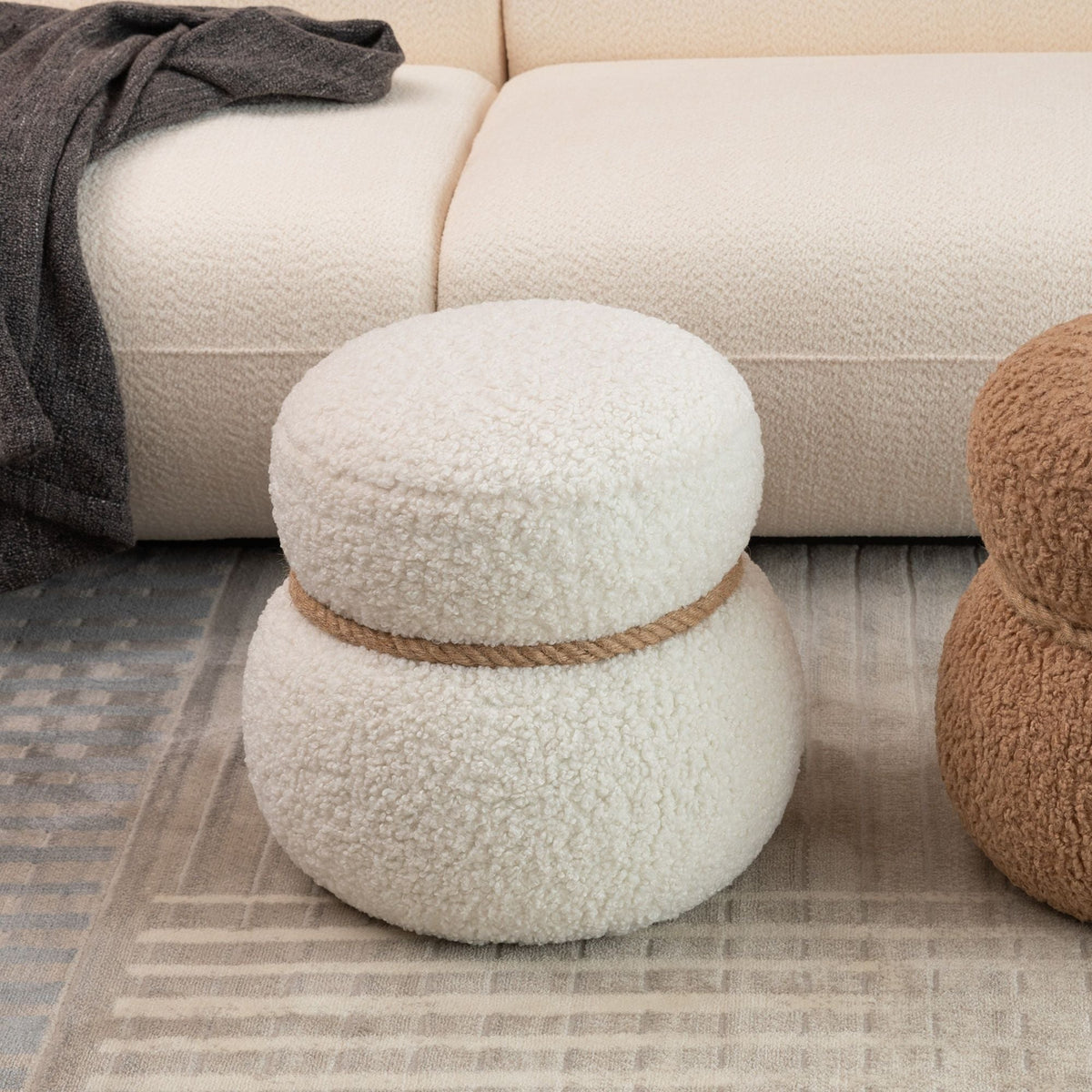 Snowman Stool Ottoman with Lamb Wool Cushion and Solid Wood Frame - White, Light Brown, Dark Green, photo 8 of 30