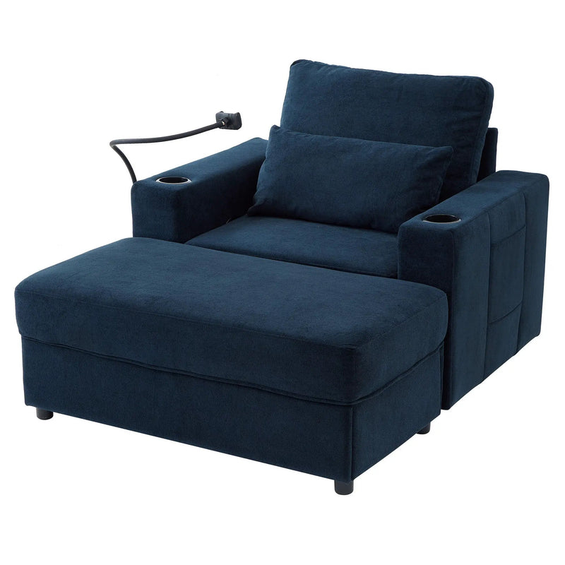 Modern Style Armchair Chaise Lounge Sofa Couch With Movable Storage Ottoman, USB Ports, Cup Holders, Phone Holder, Side Pockets by HouseOfZazla