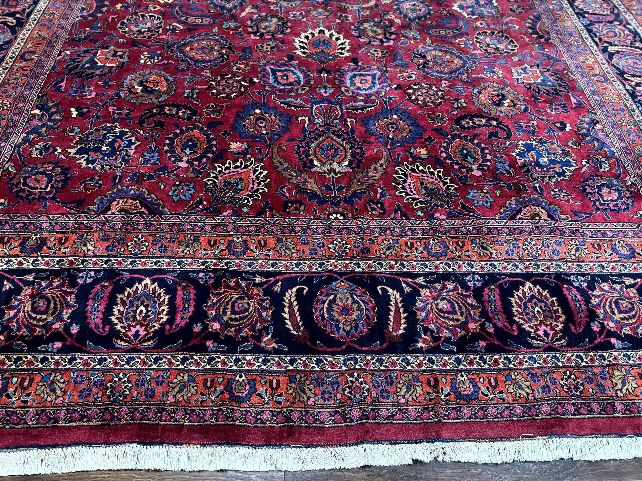 Palace Size Persian Mashad Rug 12x16, Raspberry and Navy Blue, Signature from Master Weaver, Antique Handmade Large Wool Carpet by Jewel Rugs