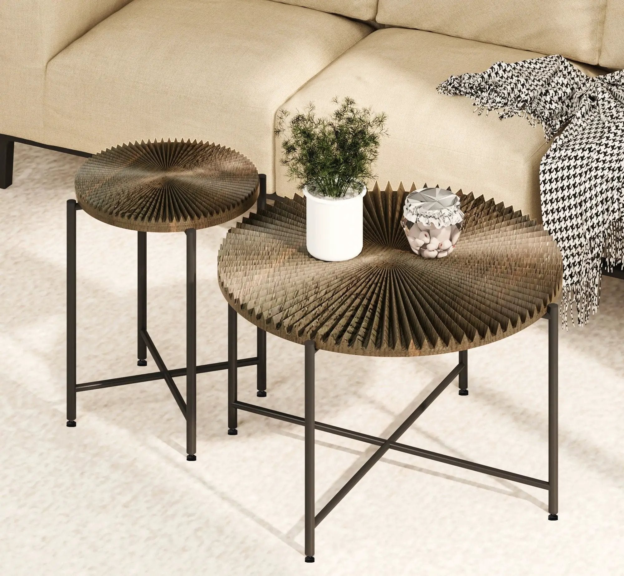 Radial - Pattern Coffee And End Table Set Waterproof Cover, Distressed Cylindrical Design (Set of 2) by Unique Piece Furniture