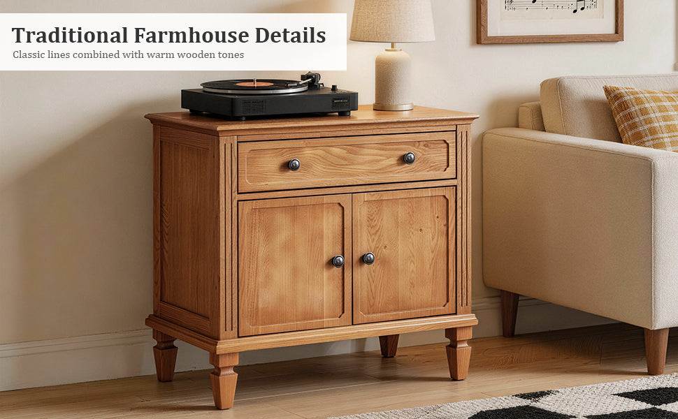 Farmhouse Nightstand with Charging Station, Drawer & Double-Door Cabinet - Natural or Walnut, photo 2 of 10