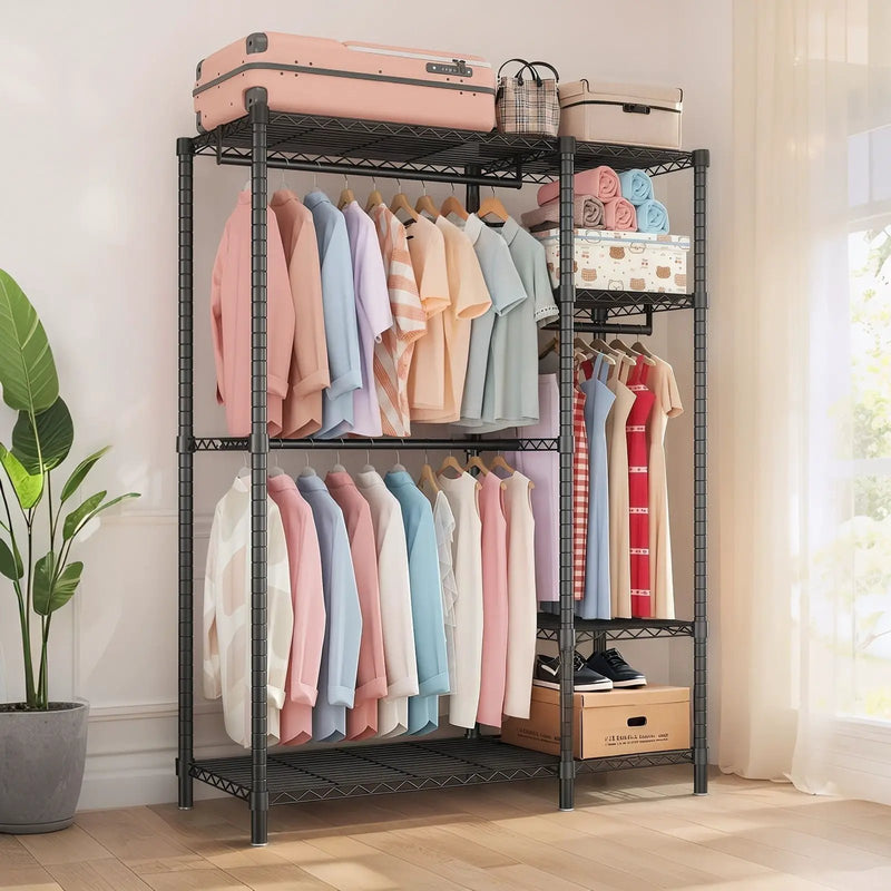 Freestanding Clothes Rack With 6 Adjustable Wire Shelves And 3 Garment Rails - Black by HouseOfZazla