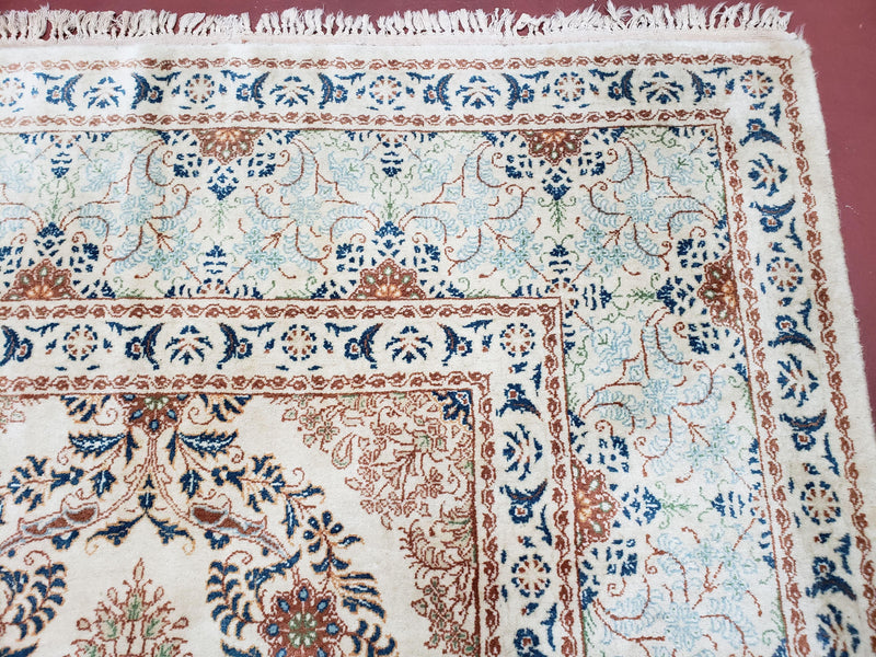 Fine Antique Persian Light Colored Kashan Carpet, 7x12, Top Quality, Rare, Ivory & Blues, Hand-Knotted, Wool by Jewel Rugs