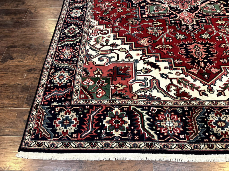 Indo Persian Heriz Rug 8x10, Geometric Medallion, Brick Red Ivory Navy Blue, Room Sized Heriz Carpet, Wool Rug by Jewel Rugs