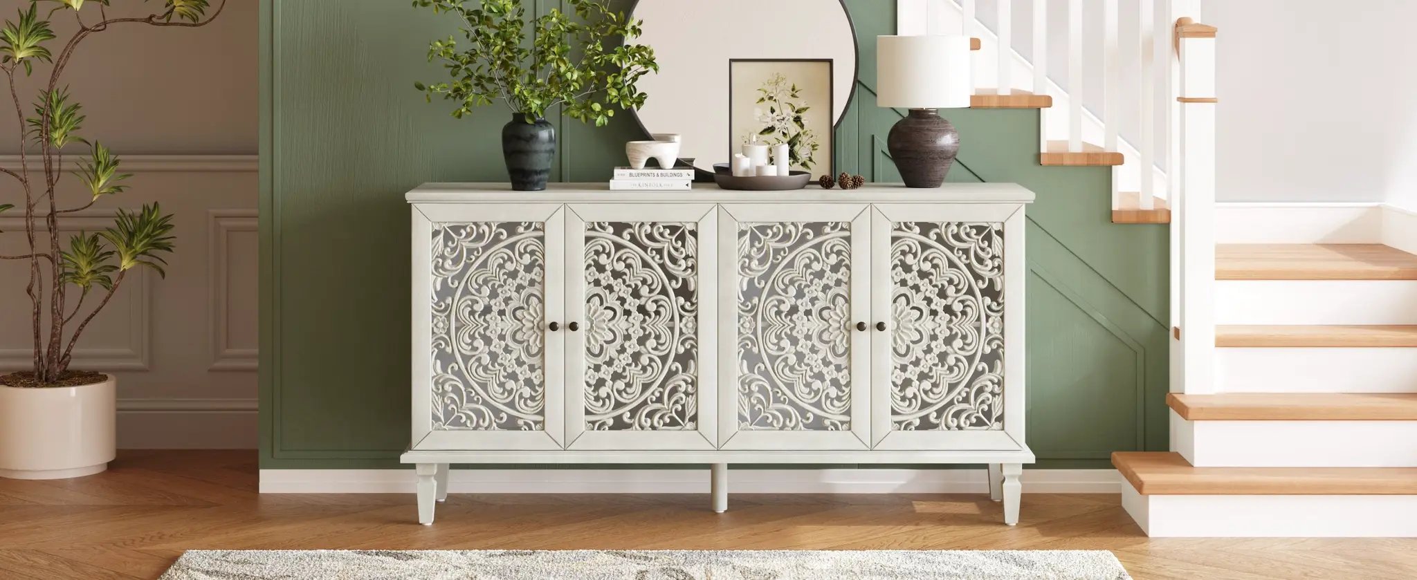 60" Antique Buffet Cabinet with Floral Carvings and Solid Wood Legs by HouseOfZazla