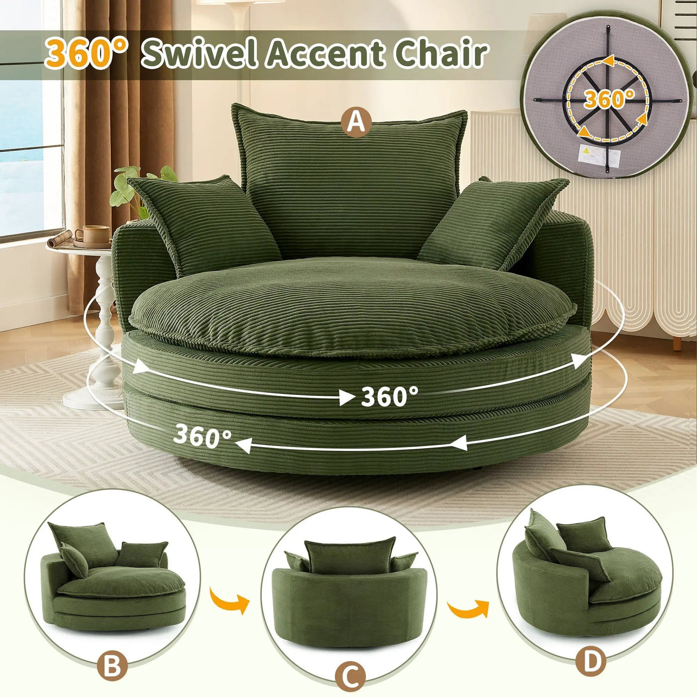 360° Swivel Accent Barrel Chair With Dual Layer Cushion And 3 Removable Pillows by HouseOfZazla