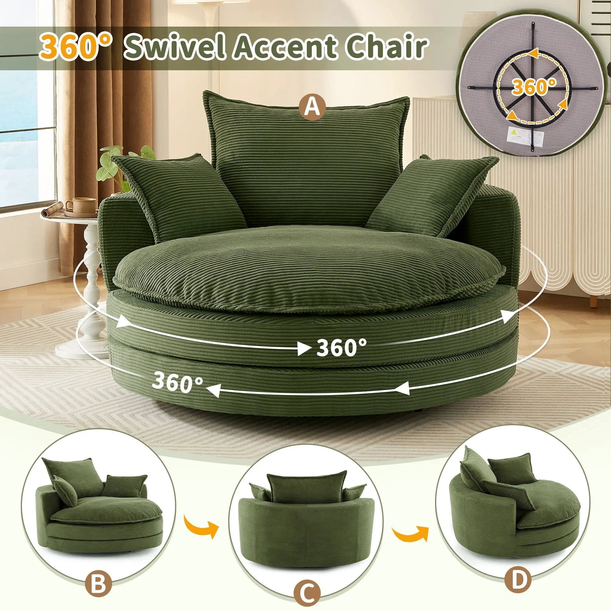 360° Swivel Accent Barrel Chair With Dual Layer Cushion And 3 Removable Pillows by Unique Piece Furniture