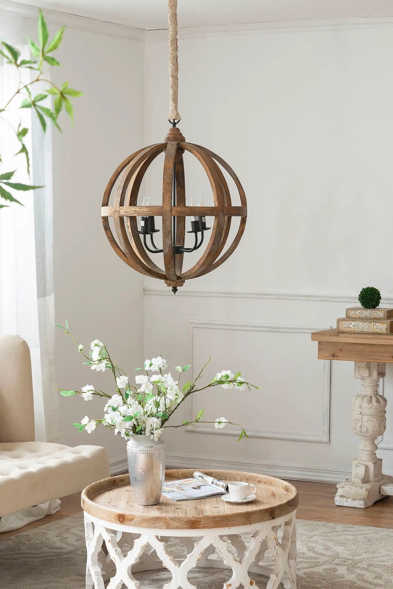 4 Light Wood Chandelier, Hanging Light Fixture With Adjustable Chain For Kitchen, Bulb Not Included - Brown by HouseOfZazla