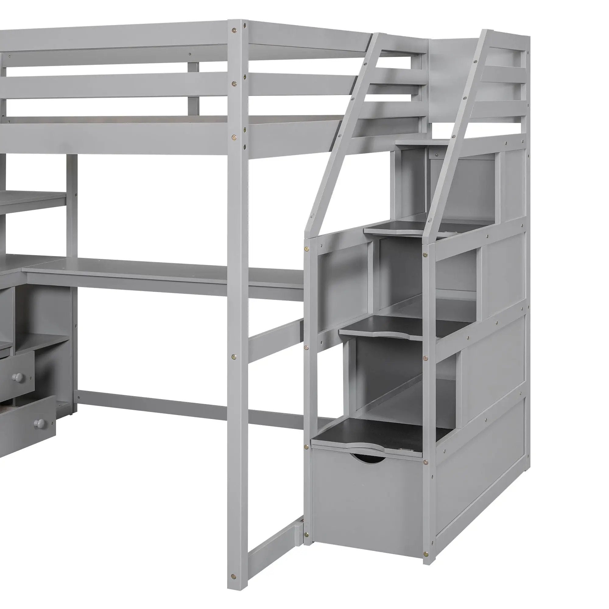 Loft Bed With Desk, Shelves, 2 Drawers, Storage Staircase