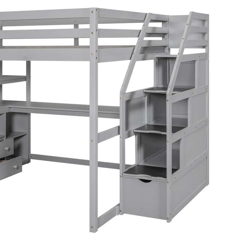 Loft Bed With Desk, Shelves, 2 Drawers, Storage Staircase