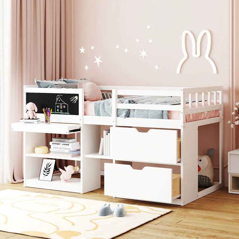 Low Loft Bed With Rolling Desk, Shelf And Drawers by HouseOfZazla