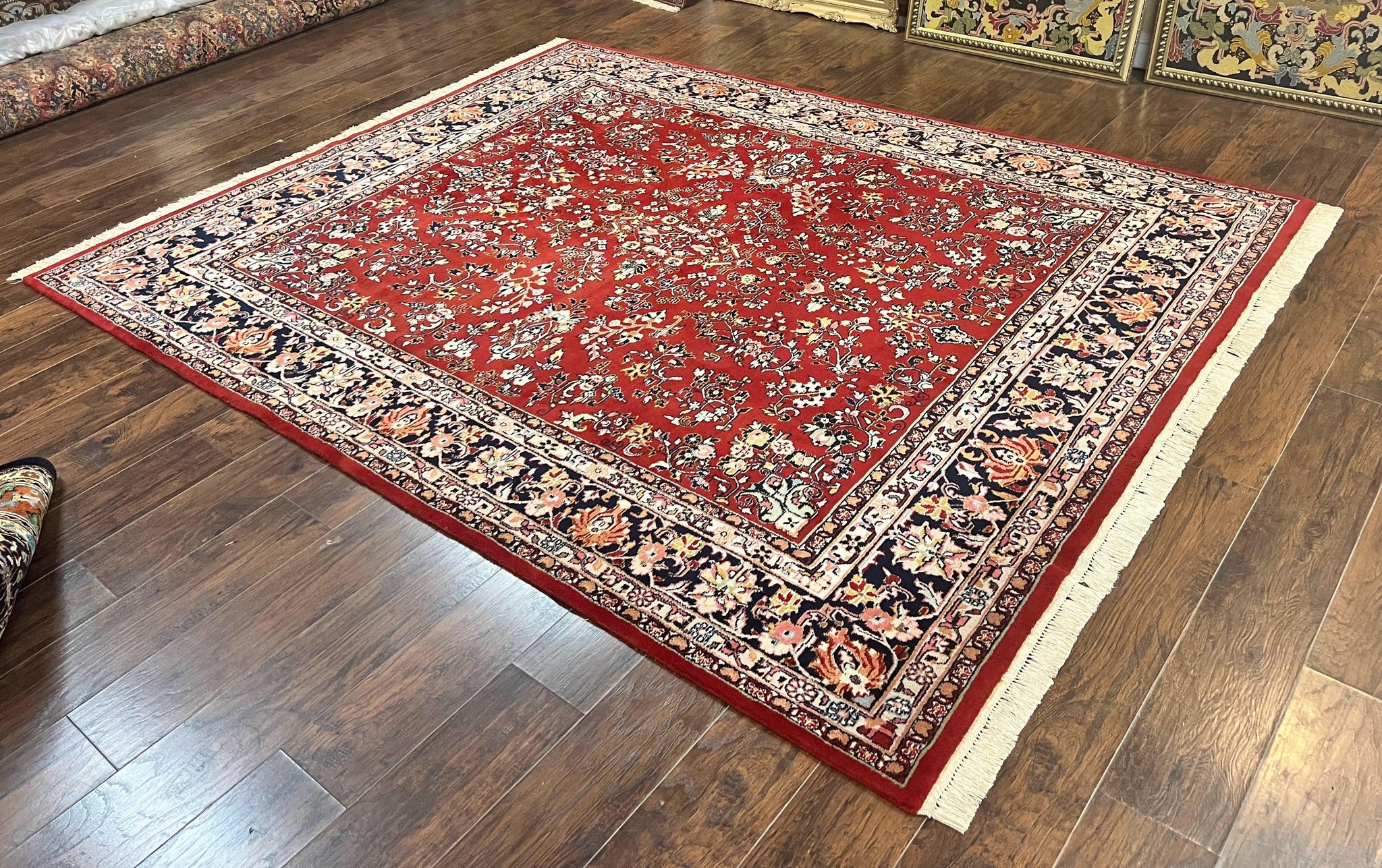 Indo Persian Sarouk Rug 8x10, Red, Floral Allover, Handmade Vintage Wool Carpet, Traditional Rug by Jewel Rugs