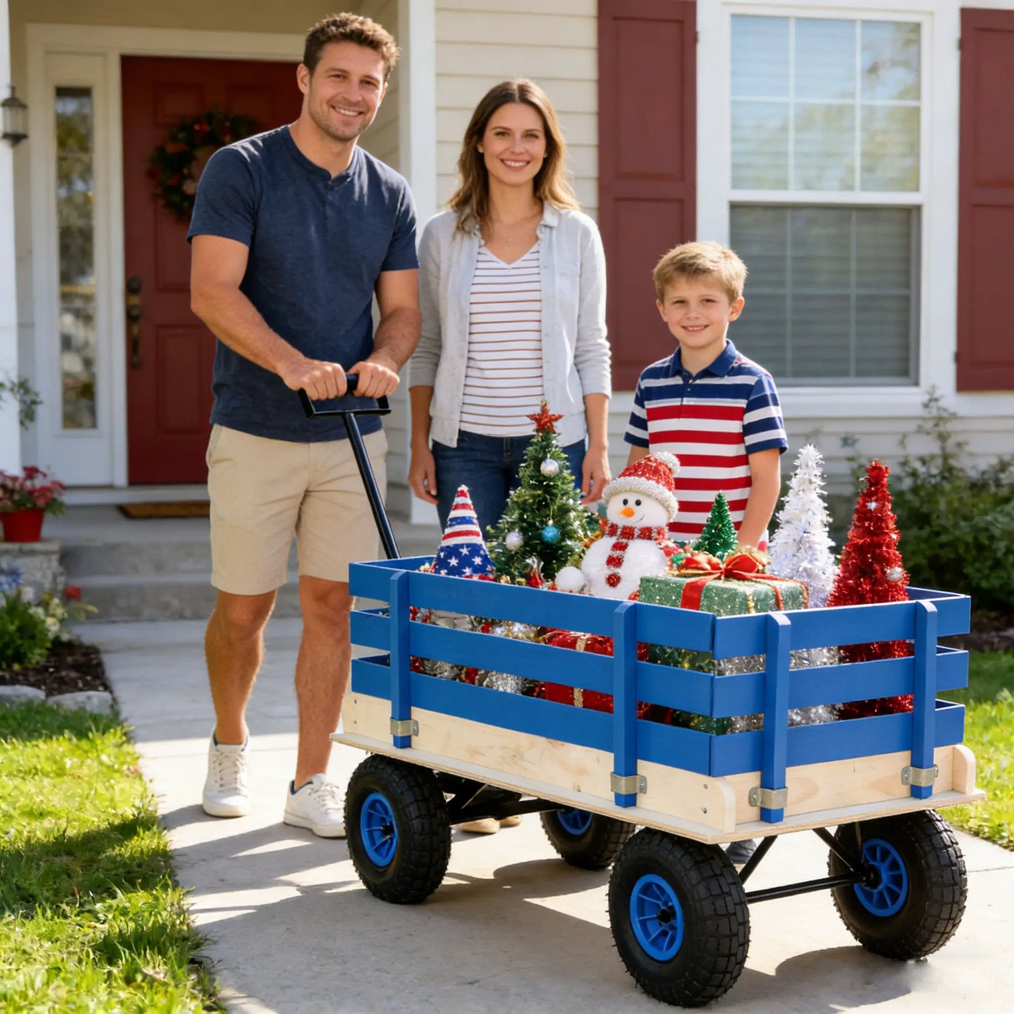 Blue Wooden Kids Pull Wagon with Removable Side Rails & All Terrain Wheels by HouseOfZazla
