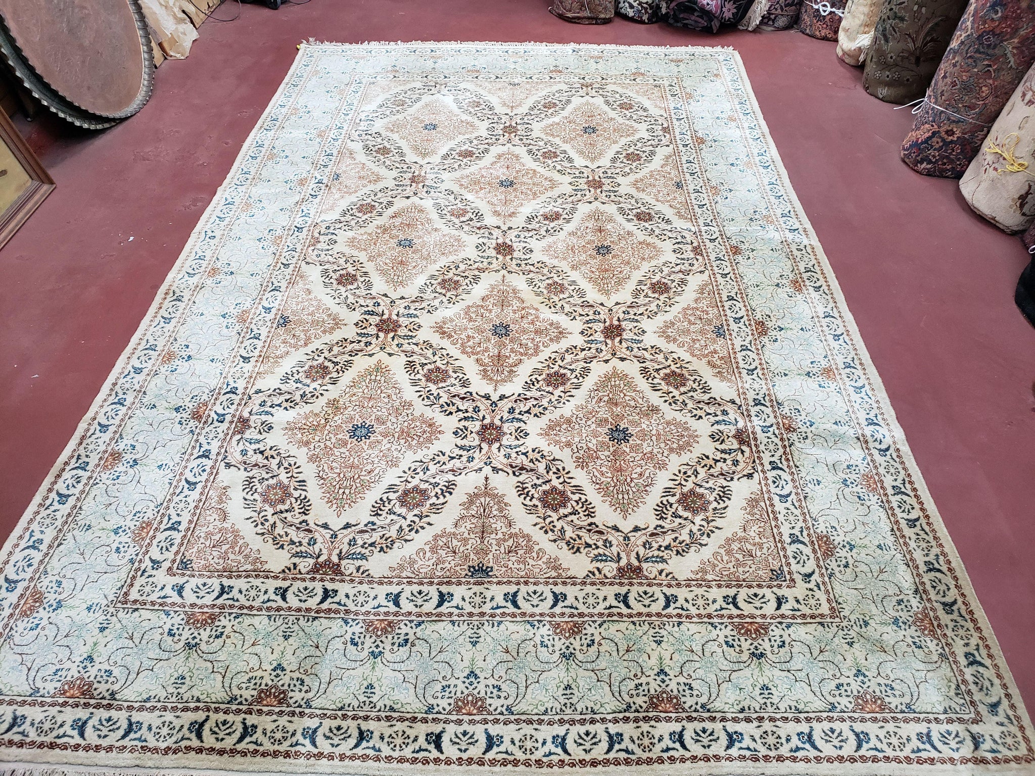 Fine Antique Persian Light Colored Kashan Carpet, 7x12, Top Quality, Rare, Ivory & Blues, Hand-Knotted, Wool by Jewel Rugs