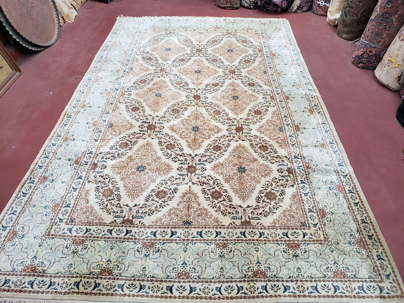 Fine Antique Persian Light Colored Kashan Carpet, 7x12, Top Quality, Rare, Ivory & Blues, Hand-Knotted, Wool by Jewel Rugs