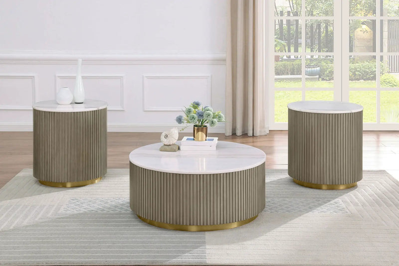 Jason 3-piece Round White Marble Coffee Table Set Greige by Unique Piece Furniture