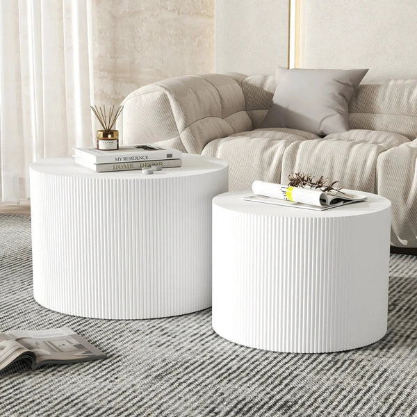 23.6" Vertical Grain Round Wooden Coffee Tables, Modern Nesting Coffee Table Set of 2, Indoor Side Table for Small Spaces Living Room, Bedroom, Balcony, Office