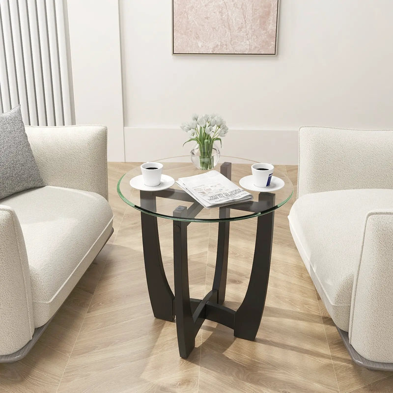 23.5 Inch Round End Side Table with Tempered Glass Tabletop-Black by DirectDeals