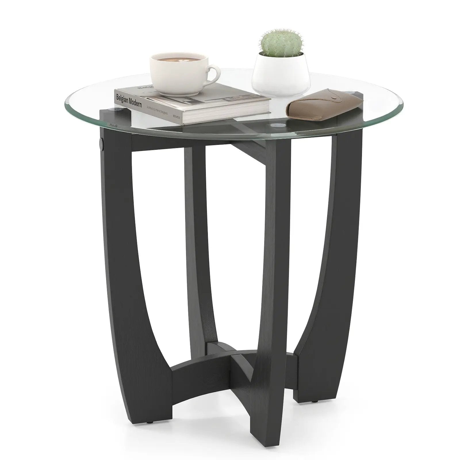 23.5 Inch Round End Side Table with Tempered Glass Tabletop-Black by DirectDeals