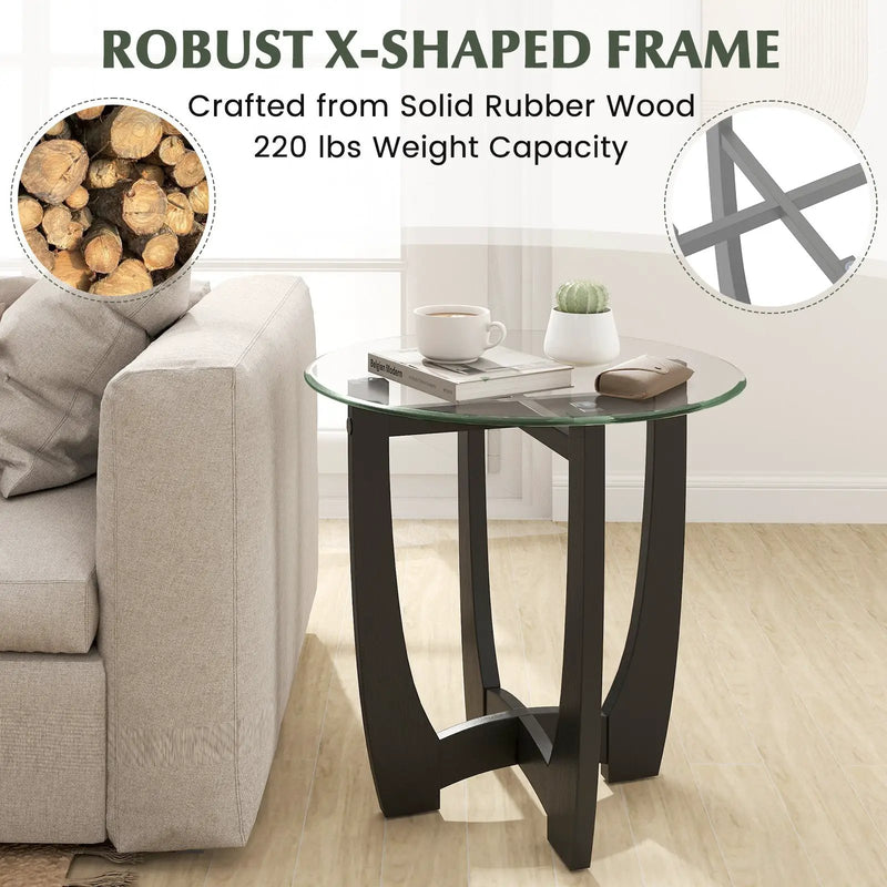 23.5 Inch Round End Side Table with Tempered Glass Tabletop-Black by DirectDeals