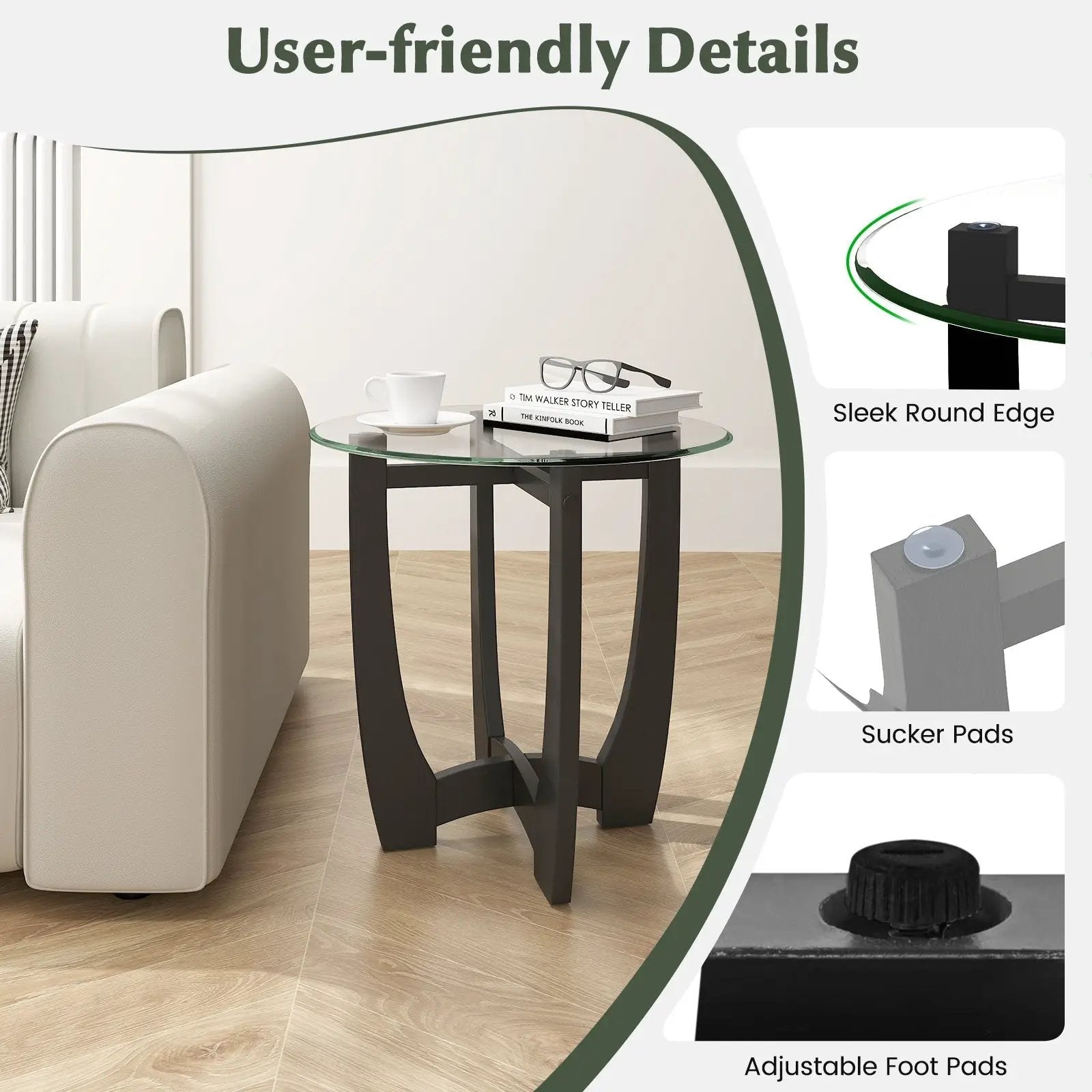 23.5 Inch Round End Side Table with Tempered Glass Tabletop-Black by DirectDeals