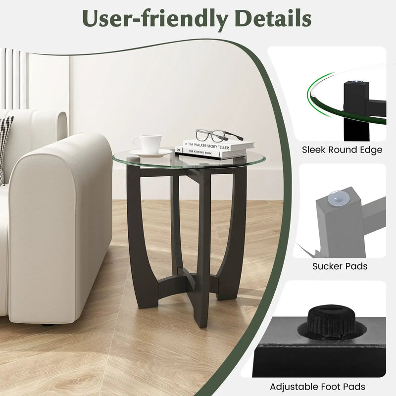 23.5 Inch Round End Side Table with Tempered Glass Tabletop-Black by DirectDeals