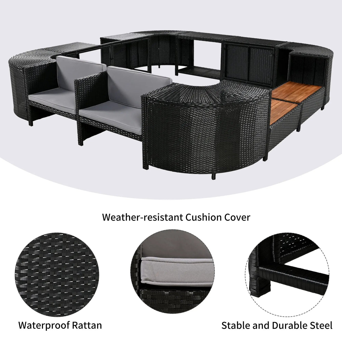 Spa Surround Spa Frame Quadrilateral Outdoor Rattan Sectional Sofa Set With Mini Sofa, Wooden Seats And Storage Spaces by Unique Piece Furniture