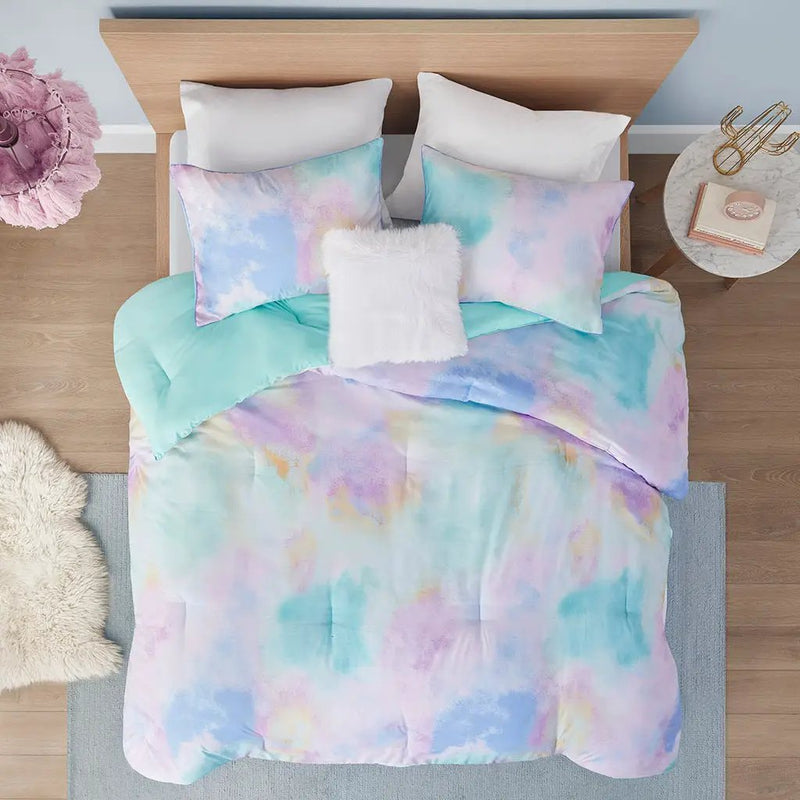 Full/Queen Watercolor Tie Dye Printed Comforter Set with Throw Pillow by HouseOfZazla