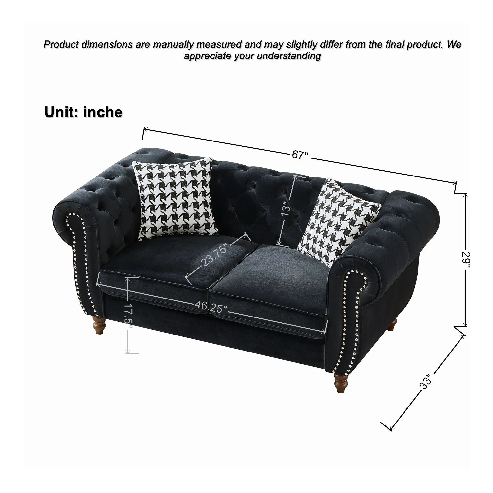 Chesterfield Upholstery Fabric Loveseat With Roll Armrest And Nailhead by HouseOfZazla