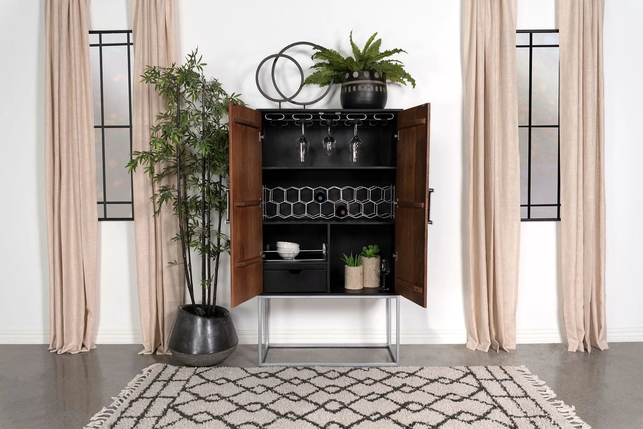 Borman 2-door Home Bar Cabinet Wine Storage Walnut and Black by Unique Piece Furniture
