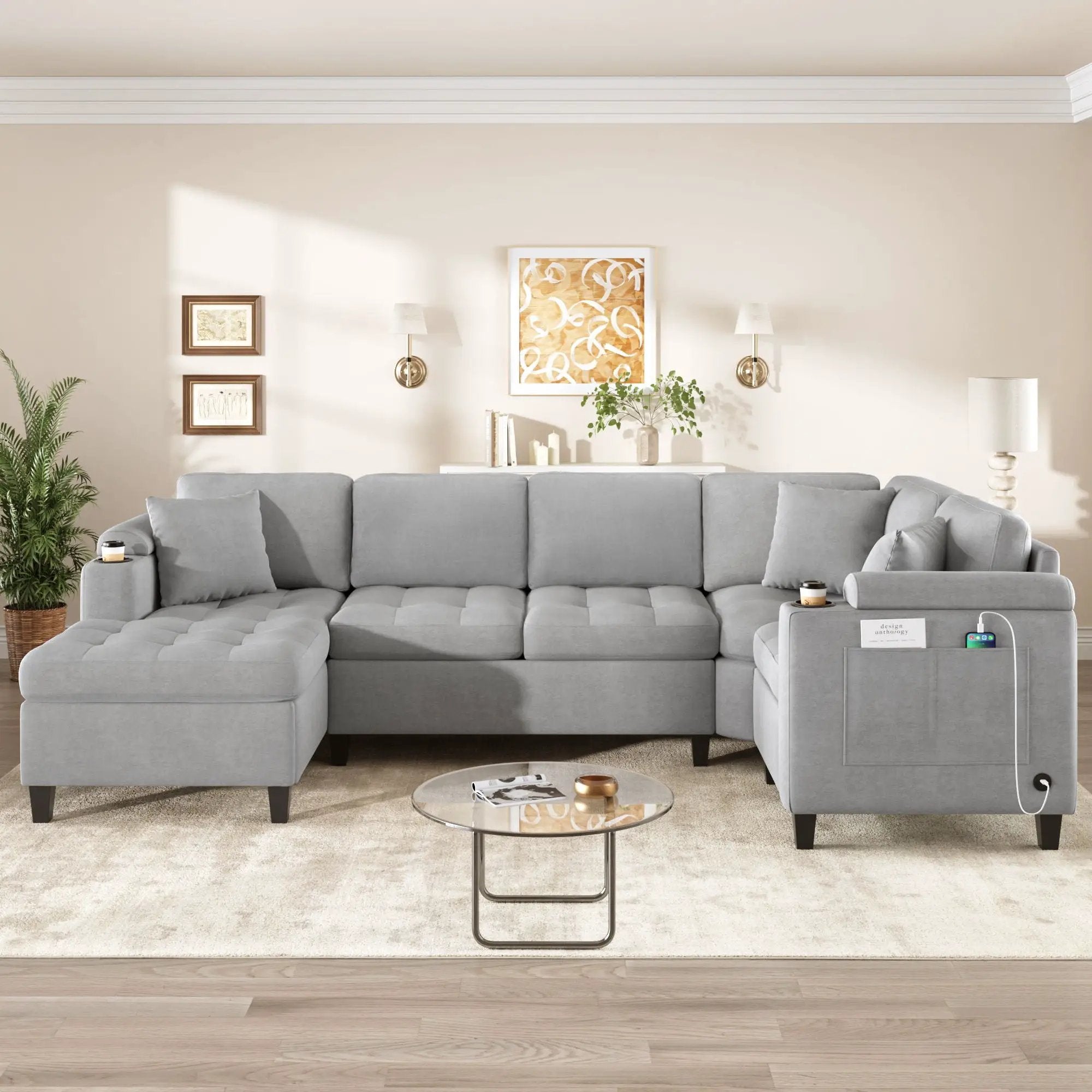 U Shaped Sectional Sofa, Corner Living Room Couch With Built In Cup Holders, Storage, USB Ports by Unique Piece Furniture