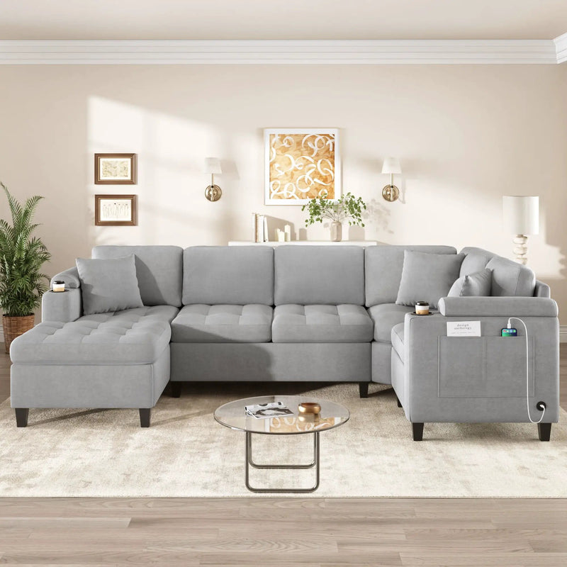 U Shaped Sectional Sofa, Corner Living Room Couch With Built In Cup Holders, Storage, USB Ports by Unique Piece Furniture