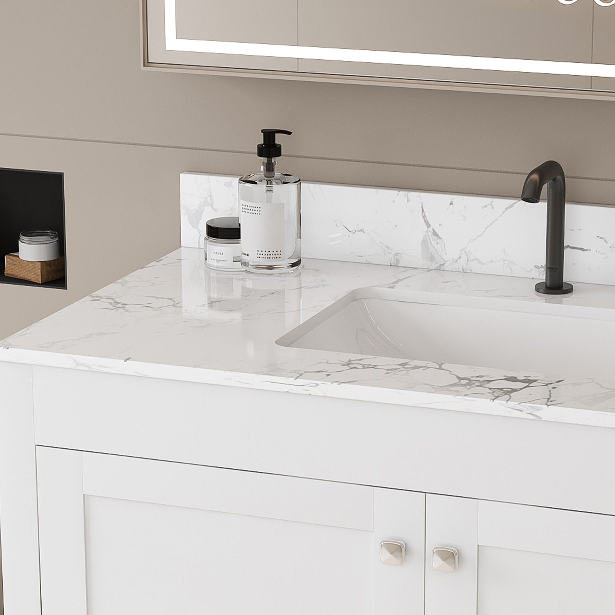 43" Bathroom Vanity With Artificial Marble Carrara Top Set, Multi Functional Cabinet With Doors And Drawer - White by HouseOfZazla