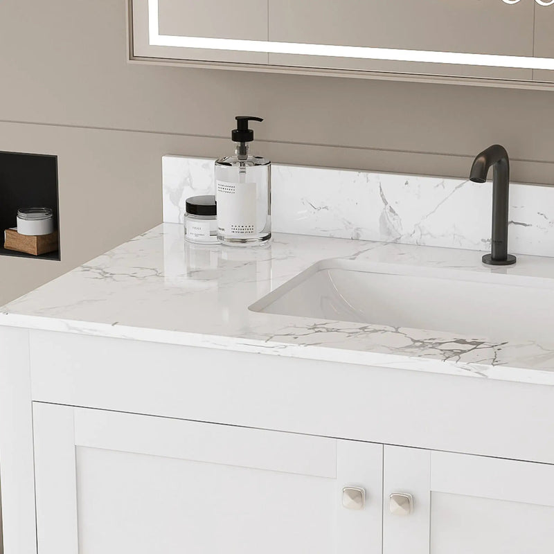 43" Bathroom Vanity With Artificial Marble Carrara Top Set, Multi Functional Cabinet With Doors And Drawer - White by HouseOfZazla