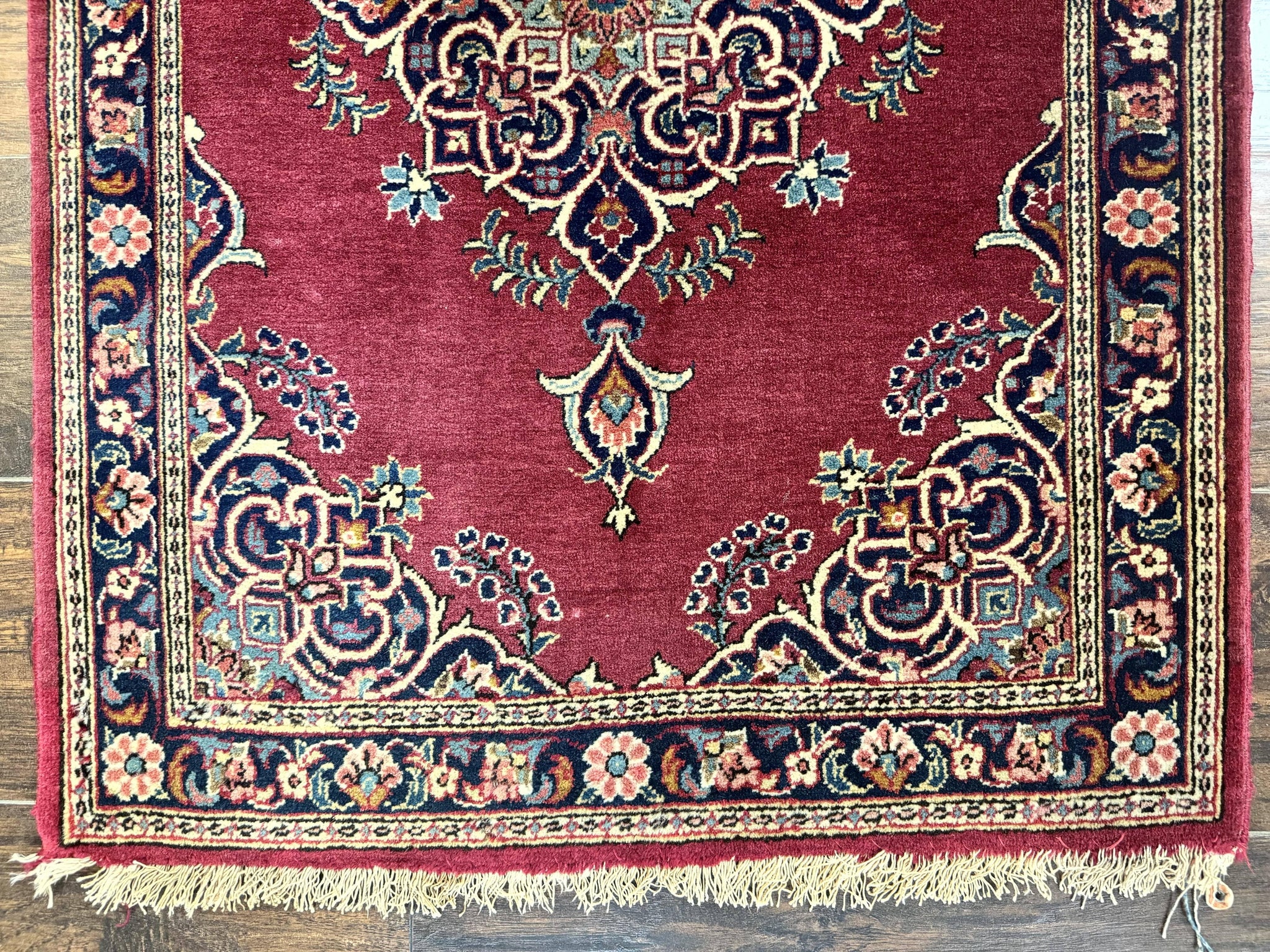 Small Persian Kashan Rug 2x3, Red and Navy Blue, Handmade Vintage Wool Semi Antique Persian Carpet, Semi Open Field by Jewel Rugs