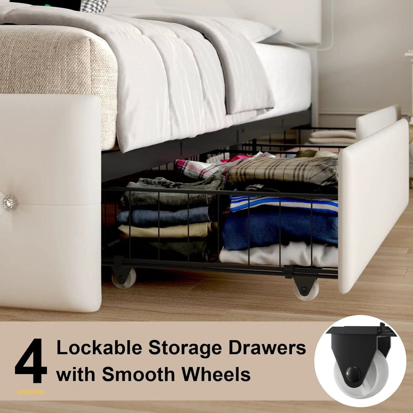 Upholstered Bed Frame With LED Lights, 4 Storage Drawers, Charging Station by HouseOfZazla