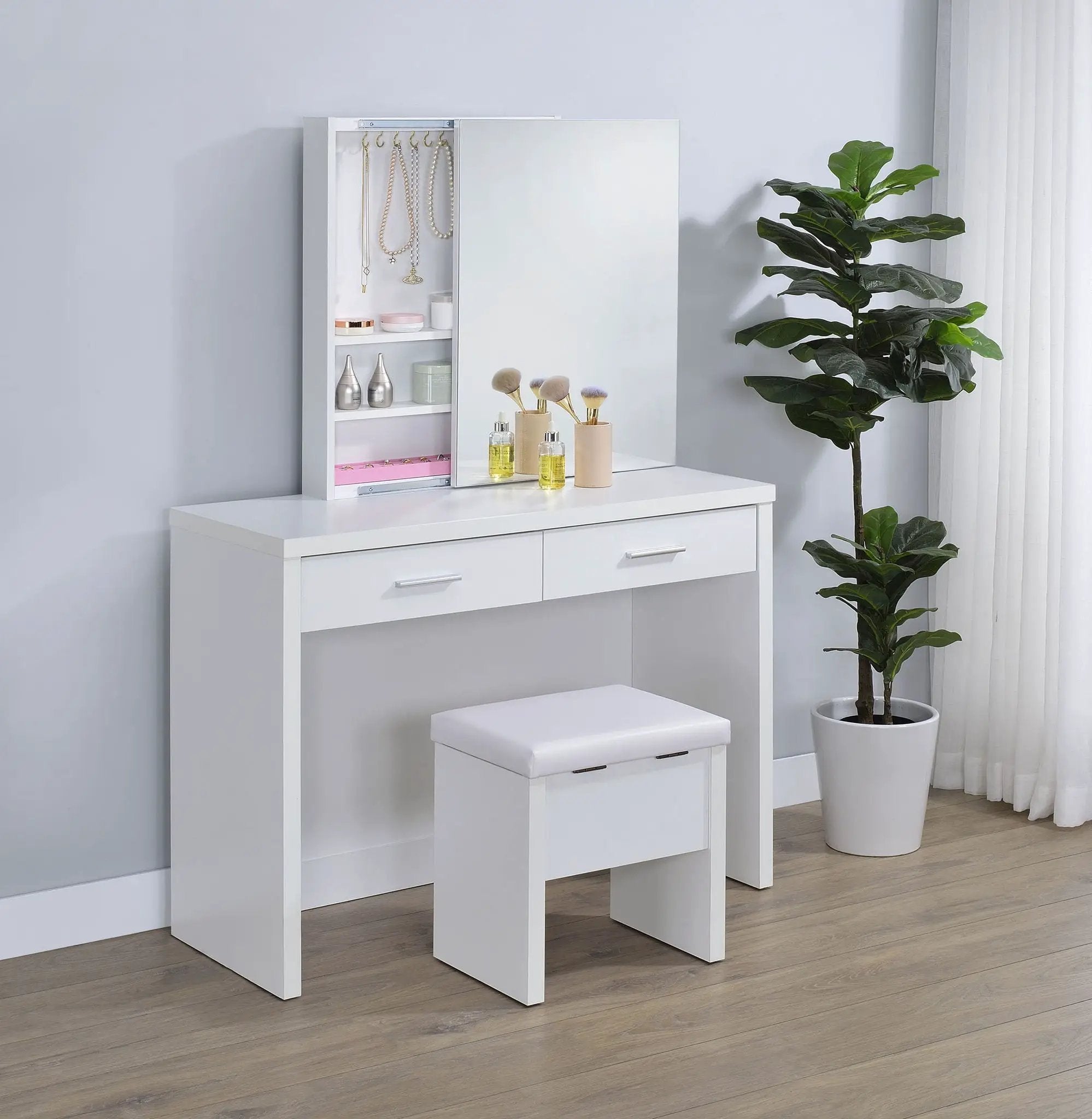 Bunbury Makeup Vanity Table Set Storage Mirror and Stool White by Unique Piece Furniture