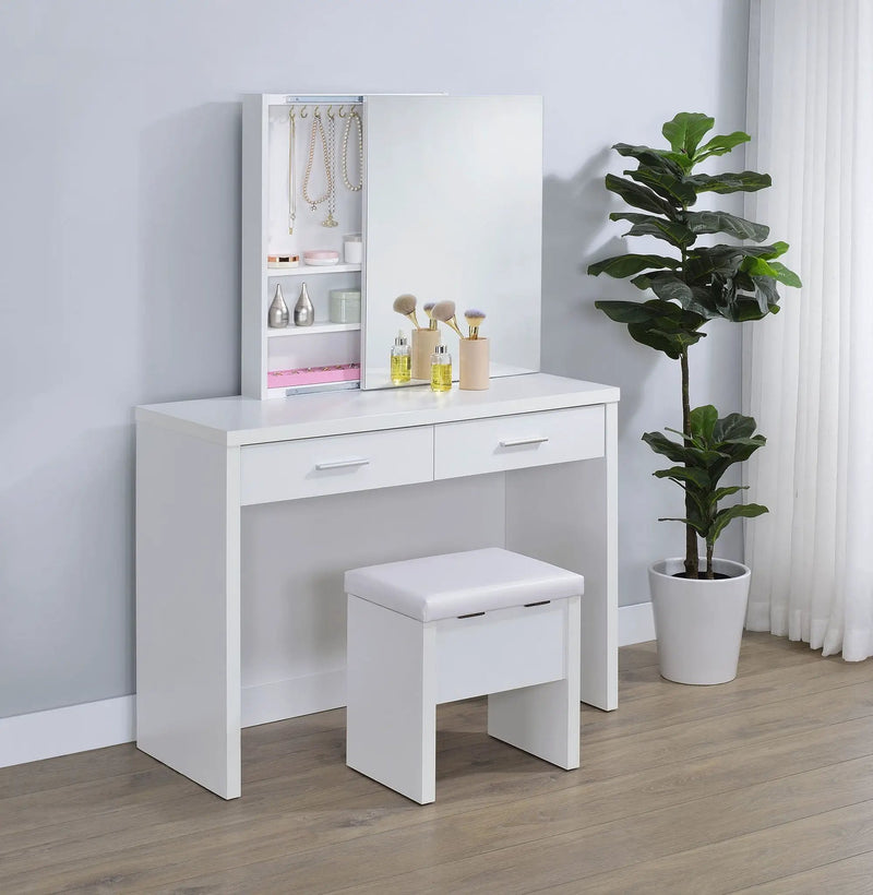 Bunbury Makeup Vanity Table Set Storage Mirror and Stool White by Unique Piece Furniture