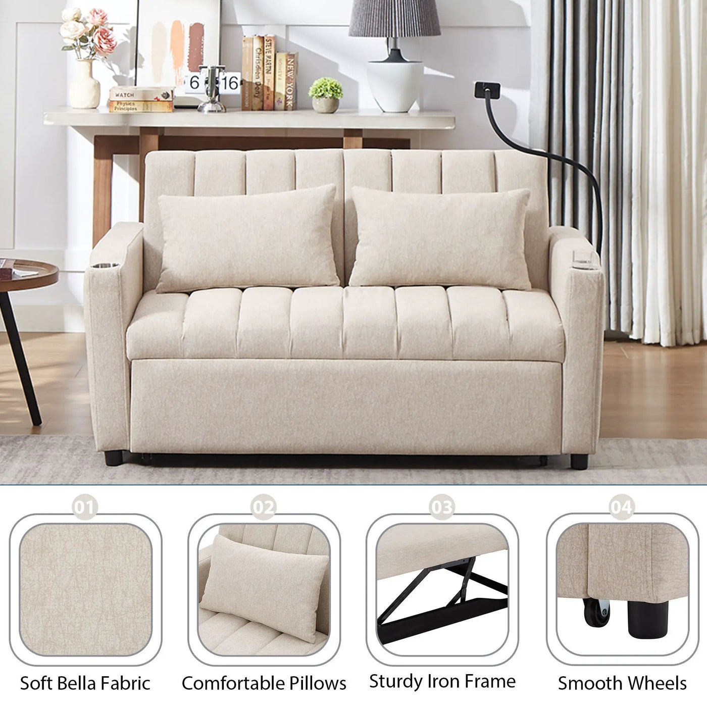 Convertible Sofa Bed Loveseat Sofa With Three USB Ports, Two Side Pockets, Two Cup Holders And 360° swivel Phone Holder For Living Room by HouseOfZazla