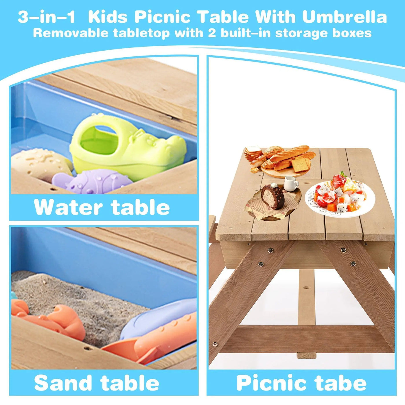 3-In-1 Kids Outdoor Wooden Picnic Table With Umbrella by HouseOfZazla